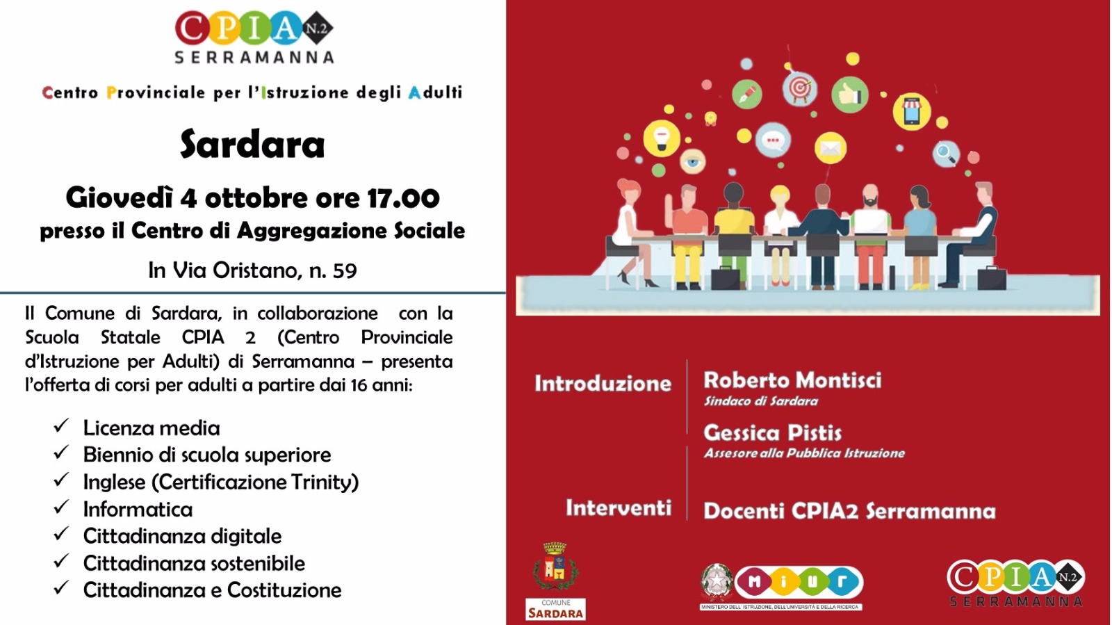 Visualizza la notizia: Sardara - giovedì 4 ottobre ore 17.00 presso il Centro di Aggregazione Sociale