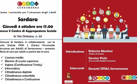 Visualizza la notizia: Sardara - giovedì 4 ottobre ore 17.00 presso il Centro di Aggregazione Sociale Visualizza la notizia: Sardara - giovedì 4 ottobre ore 17.00 presso il Centro di Aggregazione Sociale