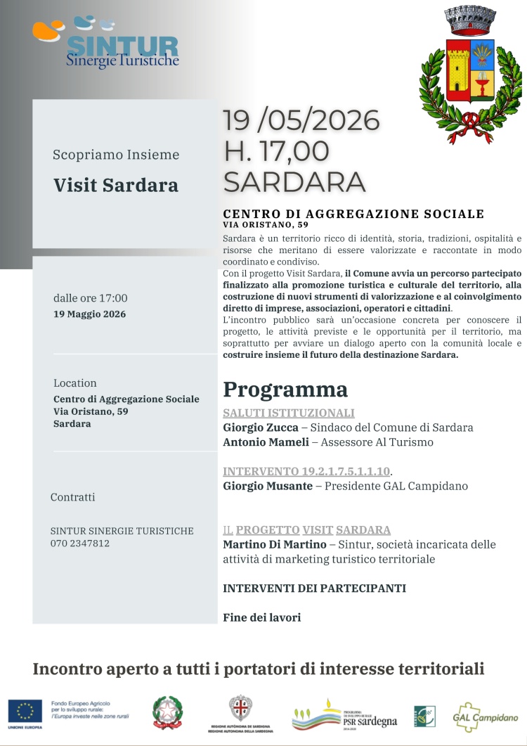 "Visit Sardara" presentazione progetto martedì 19 maggio 2026 alle ore 17:00 presso il centro di Aggregazione Sociale - Sardara
