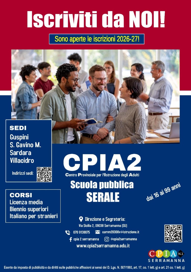 Sono aperte le iscrizioni del CPIA2 Serramanna per l'anno scolastico 2026/2027