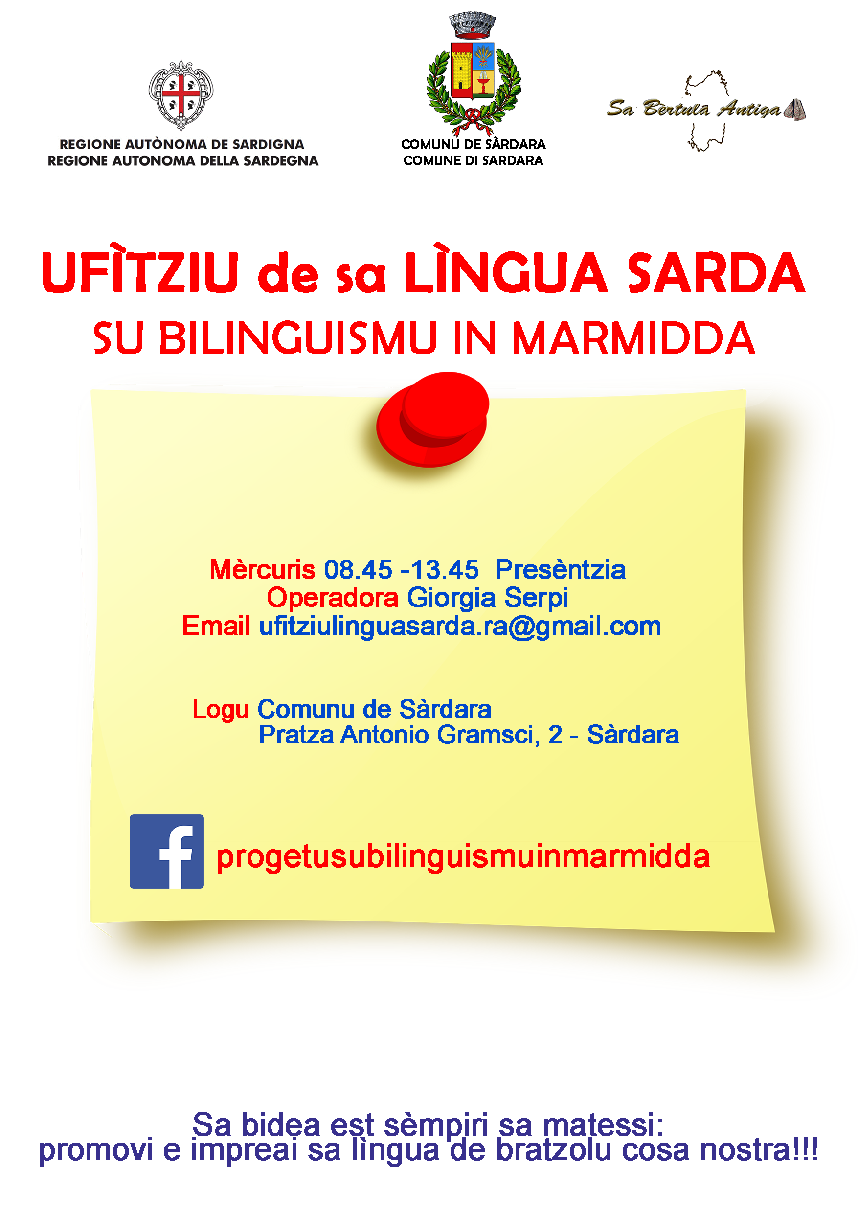 Visualizza la notizia: Su comunu de Sàrdara fait sciri chi de su mesi de Abrili est abertu s’Ufìtziu de lìngua e cultura sarda. Visualizza la notizia: Su comunu de Sàrdara fait sciri chi de su mesi de Abrili est abertu s’Ufìtziu de lìngua e cultura sarda.