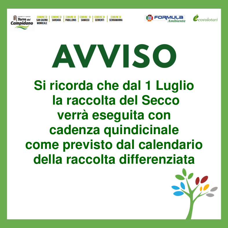 Visualizza la notizia: Raccolta del Secco con cadenza quindicinale